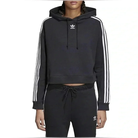 Adidas Women’s 100% Cotton Cropped Drawstring Hoodie Black White Stripes S‎ EUC - Picture 2 of 9